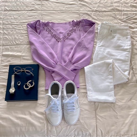 purple/lavender puffy pearl sweater pullover long sleeve v neck size M top - Picture 3 of 5